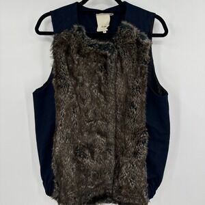 Elevenses Vest Women's Small Petite Faux Fur Blue Gray‎ Wool Zip Snaps Outdoor